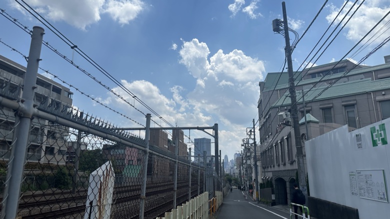 目白駅から線路沿いの下り坂をまっすぐ進む道
